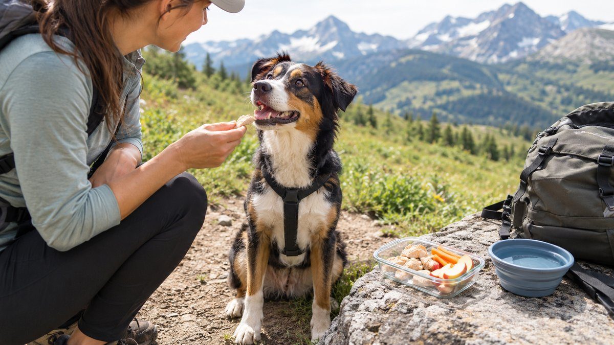 Chien tricolore en randonnée en montagne recevant une collation maison : poulet cuit, carottes et pommes sans pépins