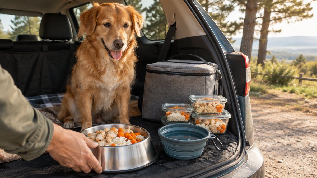 Chien roux en vacances, assis dans le coffre d'une voiture devant sa gamelle de repas maison, glacière et bol d'eau